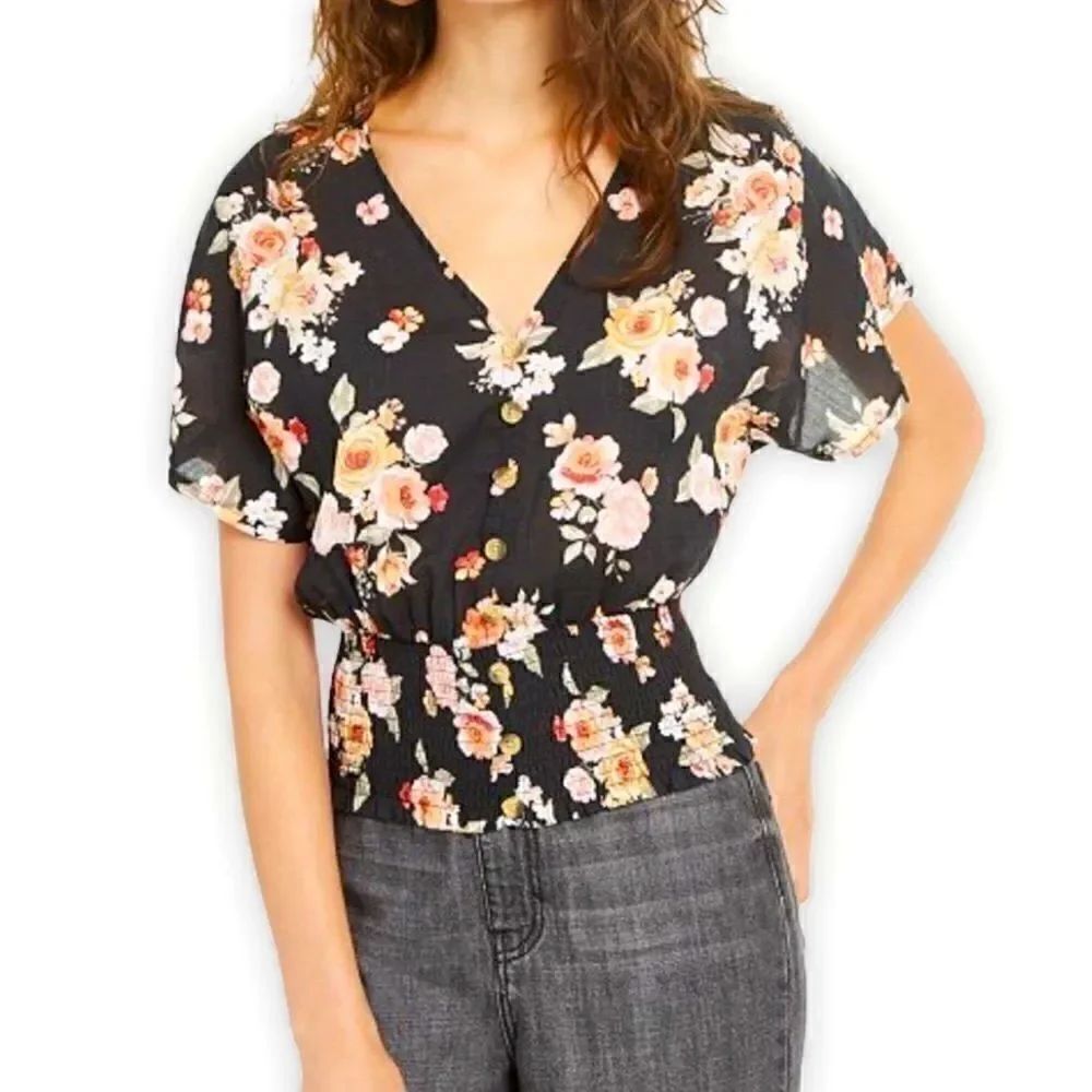 Planet Gold Smoked Hem Floral Print Top in Size XL